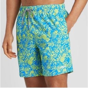 Speedo‎ Swim Trunks Mens Medium Blue Yellow Pineapple Print  Volleyball 50+ UPF
